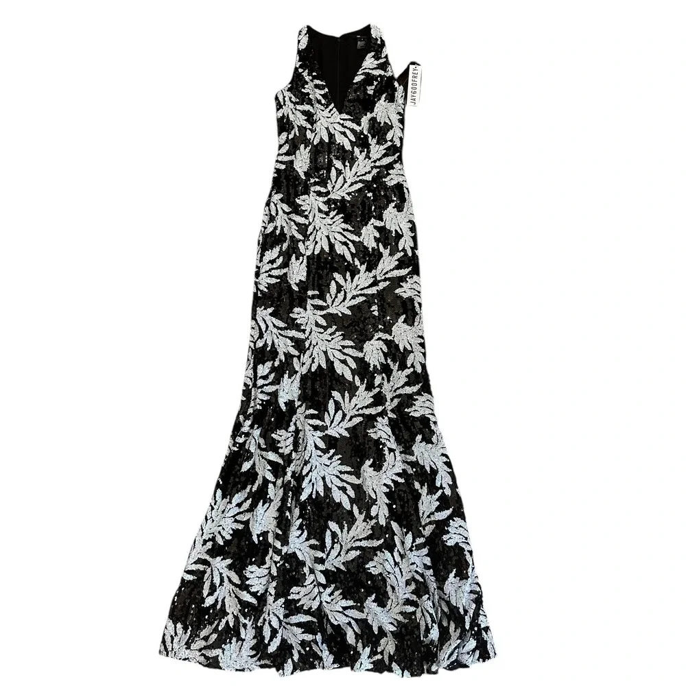 JAY GODFREY BLACK & WHITE FLORAL SEQUIN MAXI Body-con Sz:2 Ret$495 NWT*CLEARANCE